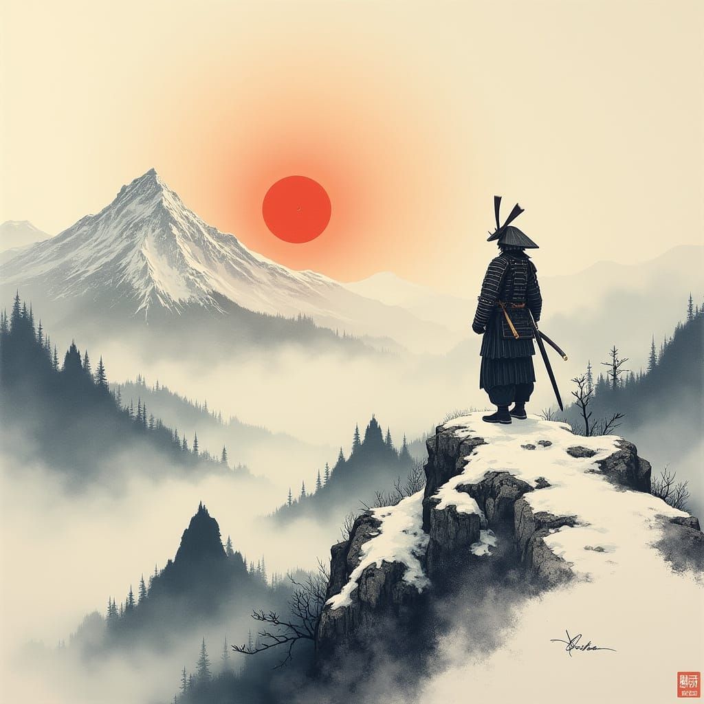 Samurai Amidst Snowy Mountains in Delicate Japanese Ink Wash...
