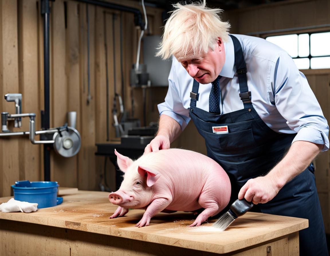 Boris Johnson Shaves a Pig: Absurd 8K Image