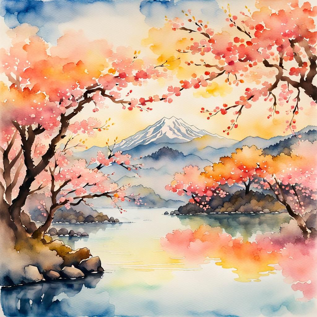 Impressionist Watercolor Lake at Sunrise