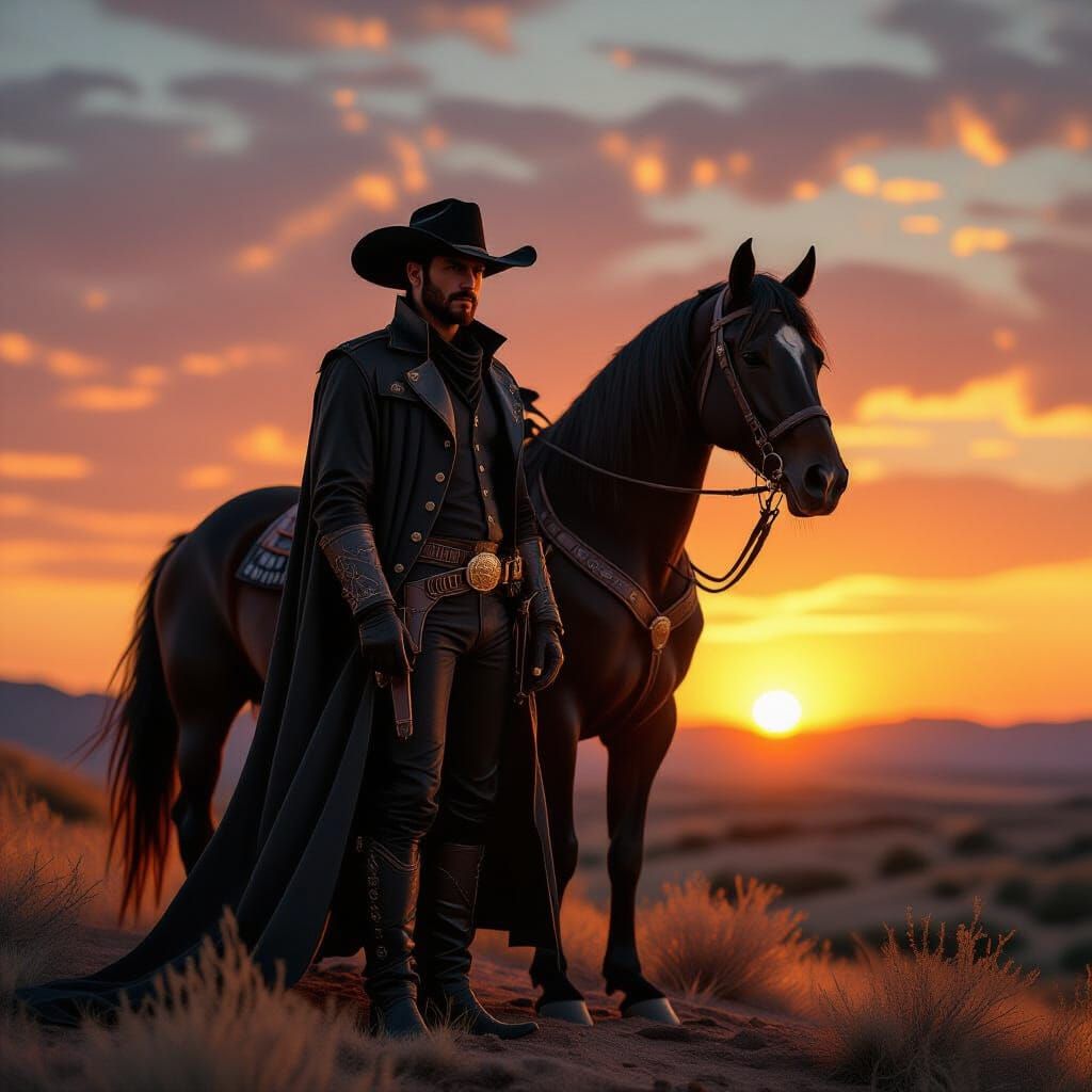 Cowboy and Stallion Silhouette at Sunset