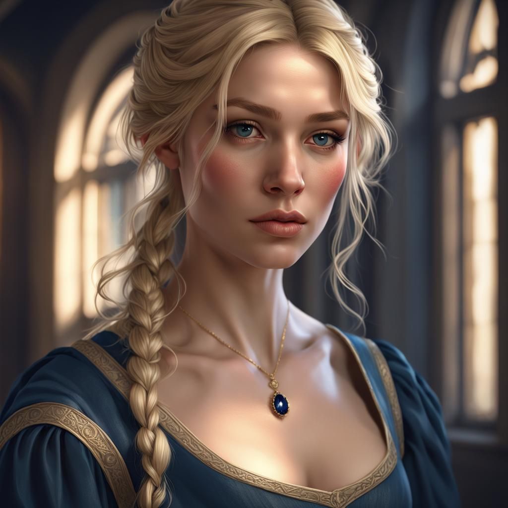 Medieval Blonde Woman Portrait in Art Nouveau Style