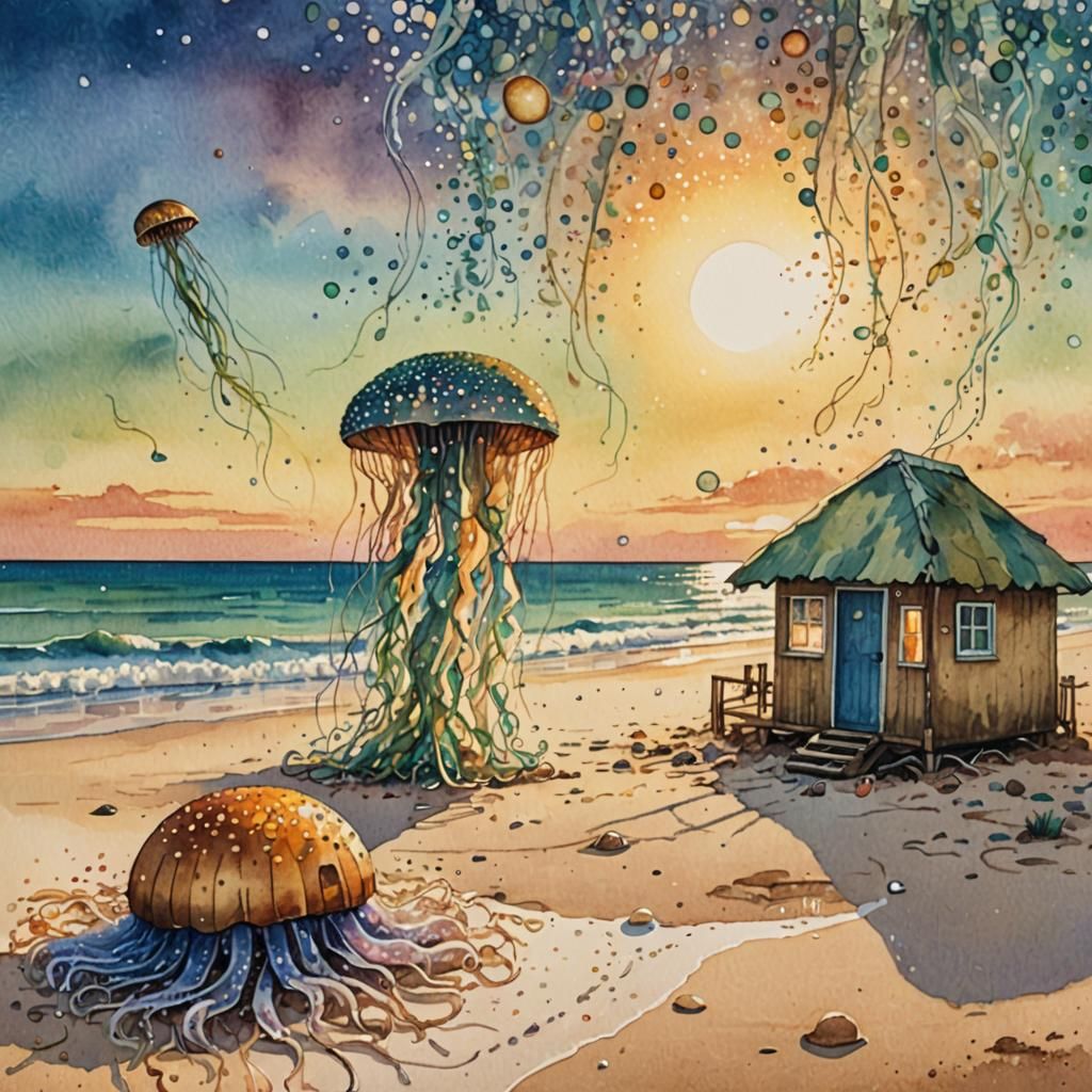 Sunset Beach with Jellyfish: Watercolour Pointillism