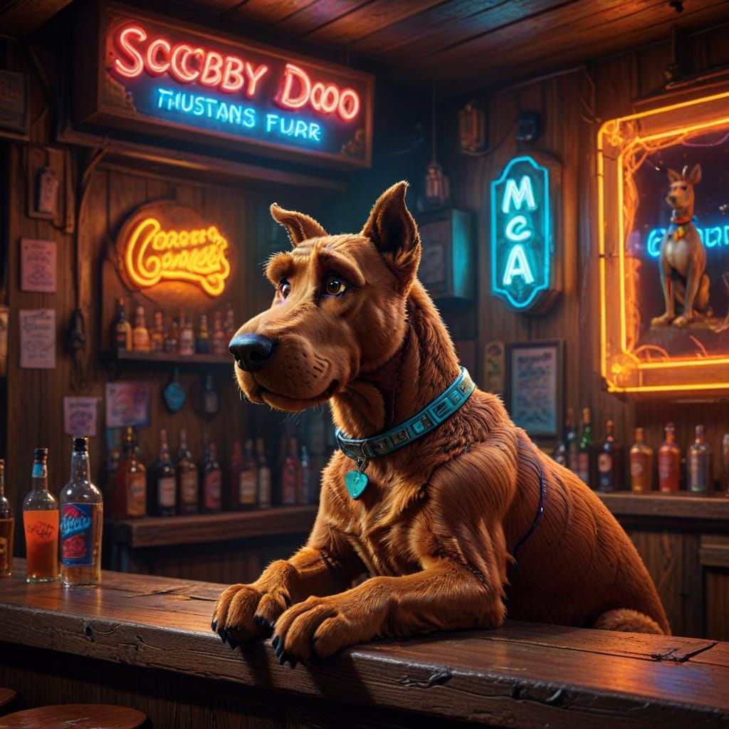 Hyperrealistic Concept Art of Scooby Doo at a Bar