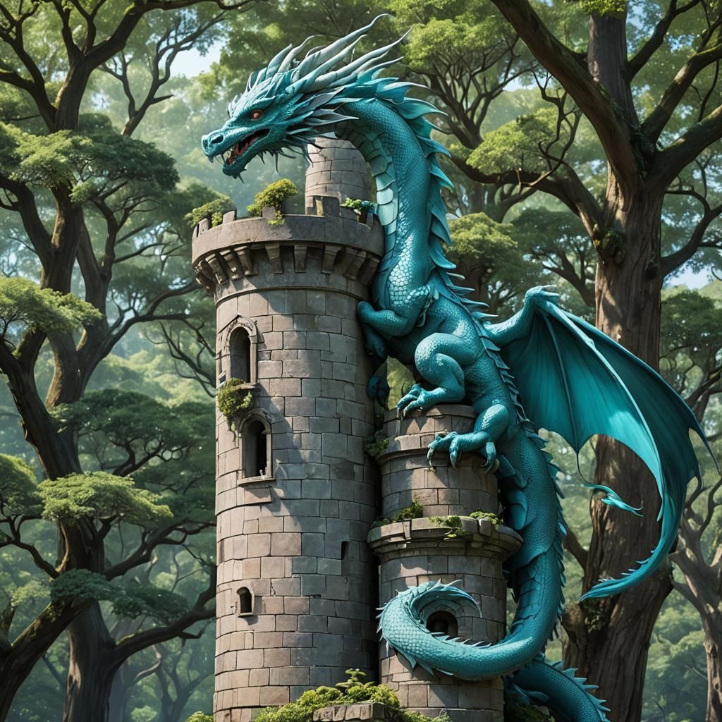 Cyan Dragon Entwined Around Tower in Grove