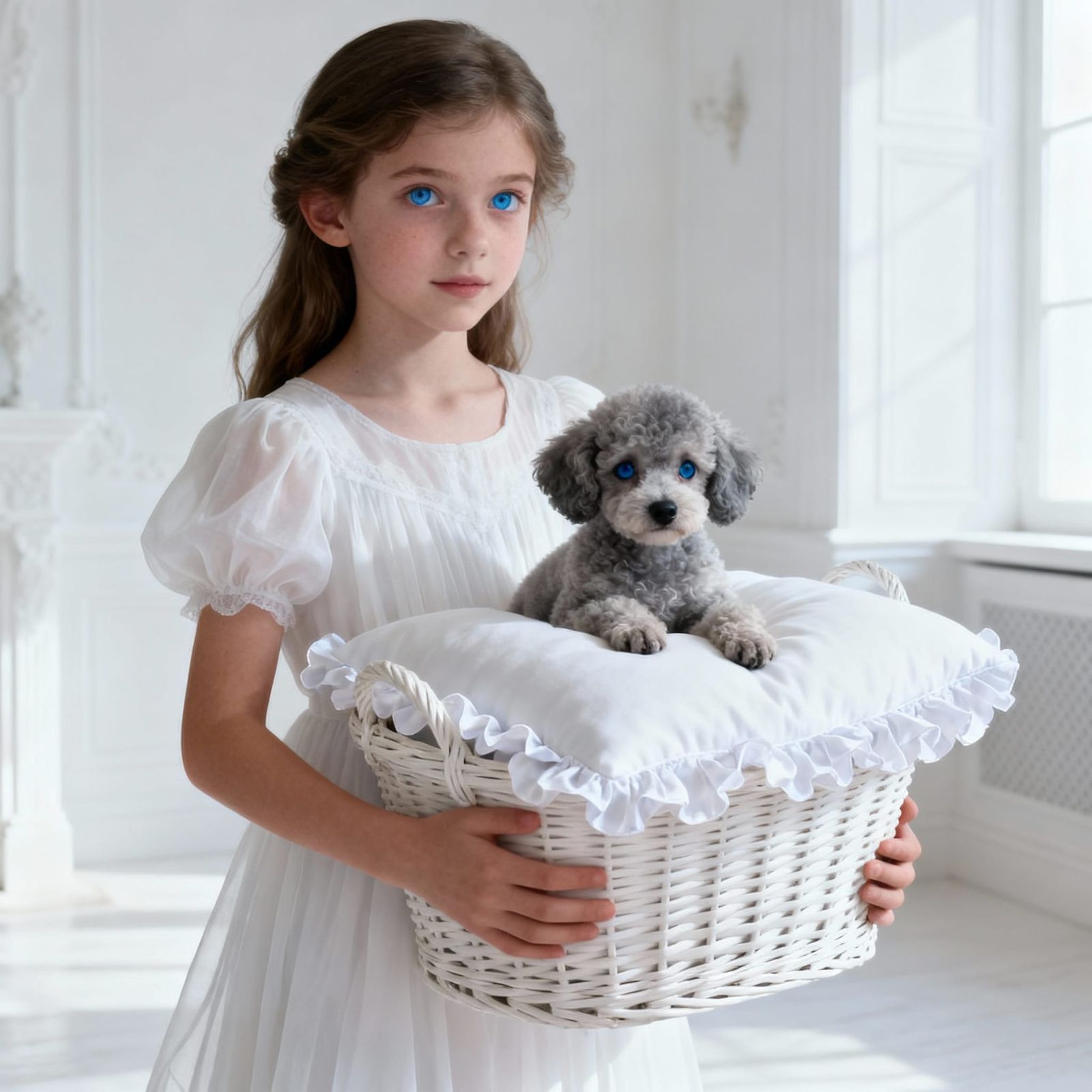 Girl and Poodle Puppy in Elegant White Room