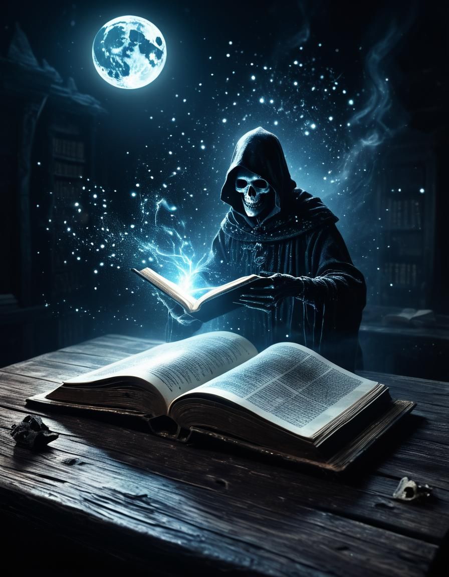 Specter Emerges from Book in Dark Surrealism