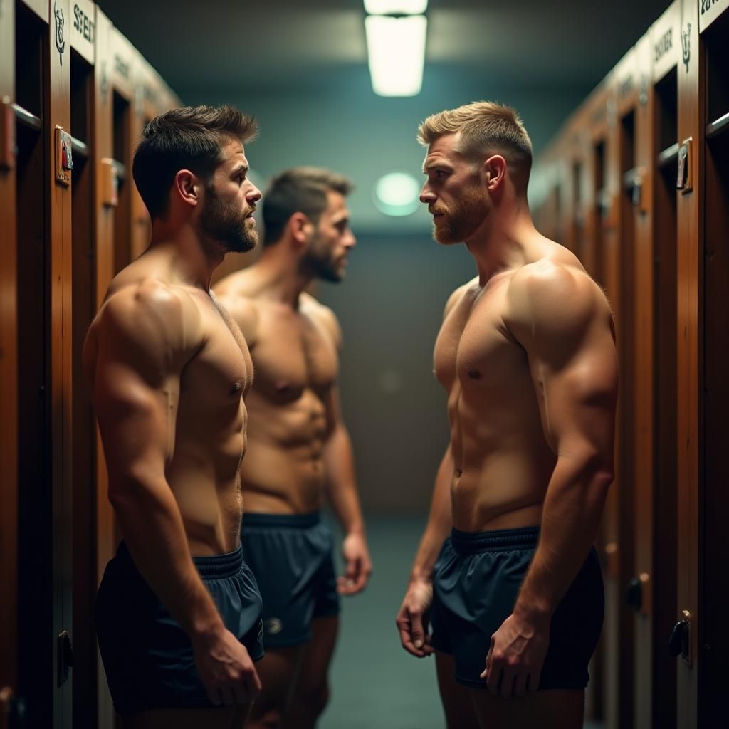 Rugby Players Undressing in Locker Room, Natural Light Photo...
