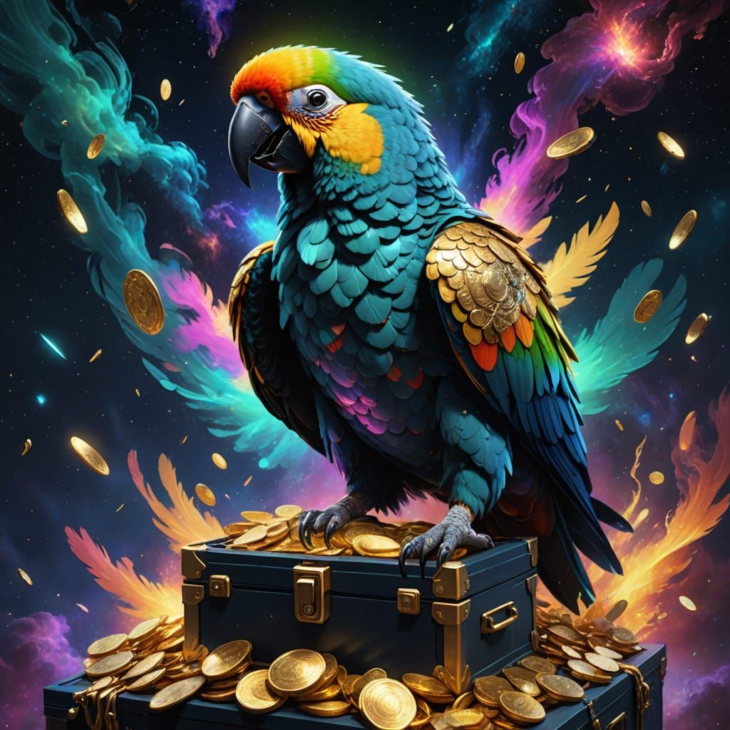 Bioluminescent Parrot Soaring Through Nebula in Glitch Art