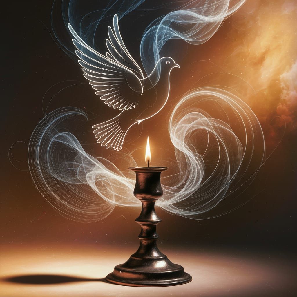 Cosmic Candlelit Dove in Mixed Media Holographic Art