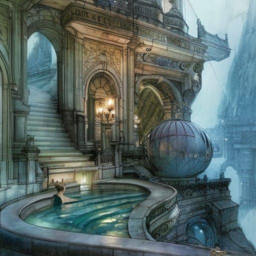 Magical Bathhouse: Iridescent Pools in Digital Illustration