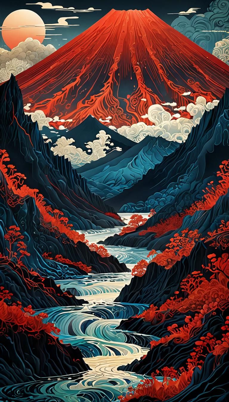 Surreal Japanese Seascape with Glowing Volcano and Ornate Su...