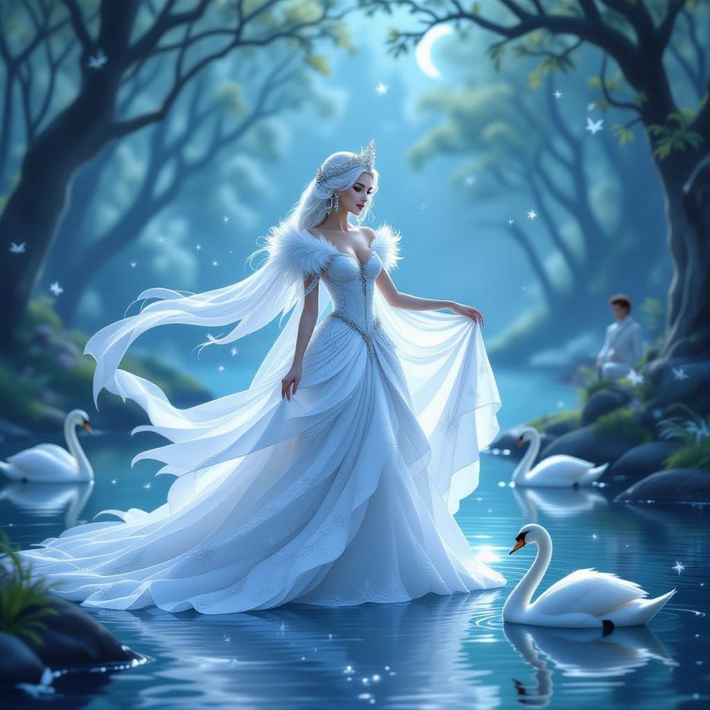 Regal Swan Princess Beside Moonlit Lake