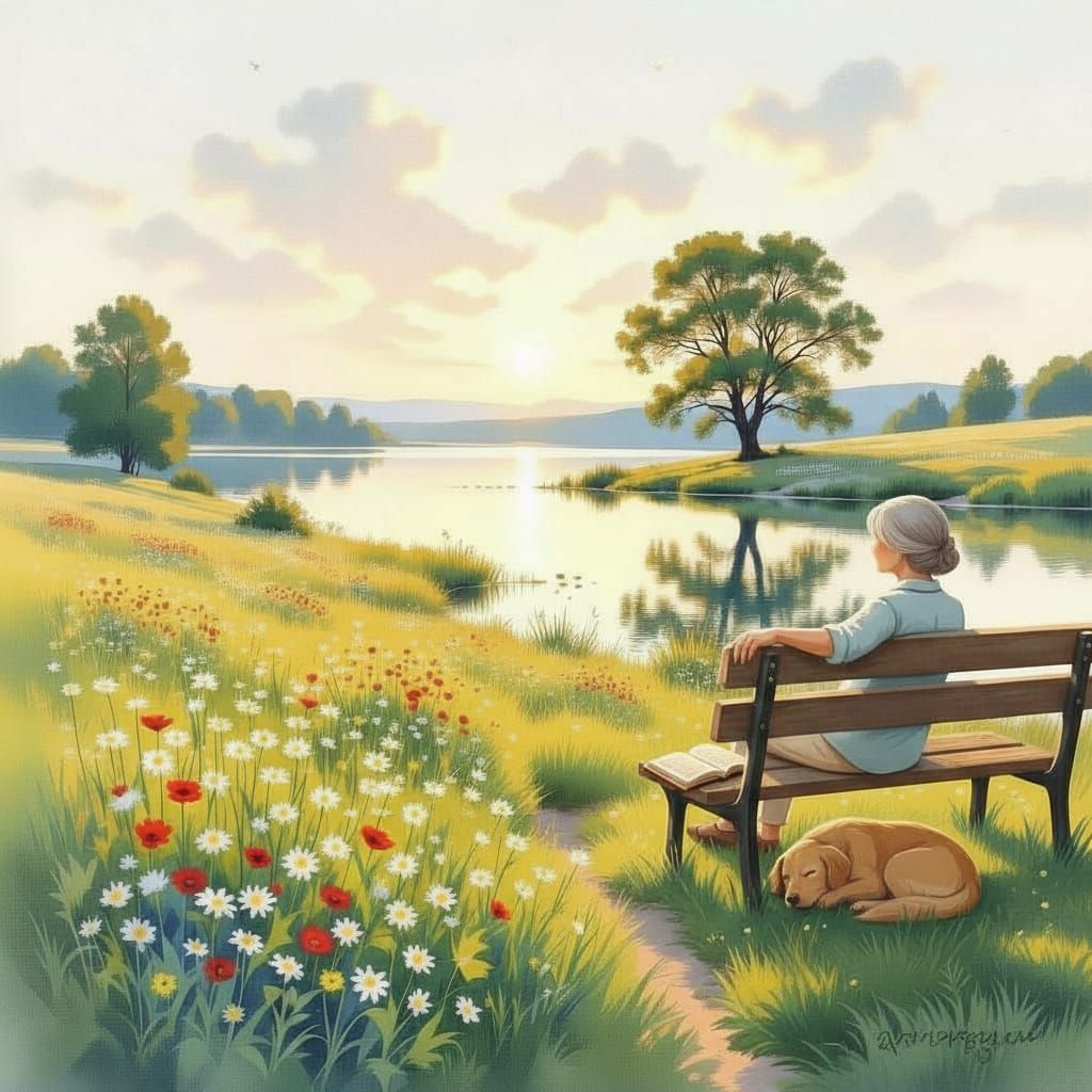 Sun-Drenched Meadow and Lake in Watercolor Style