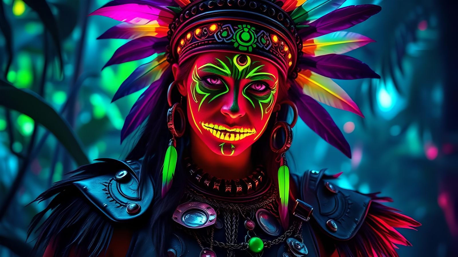 Neon Aztec Shamaness in a Holographic Jungle