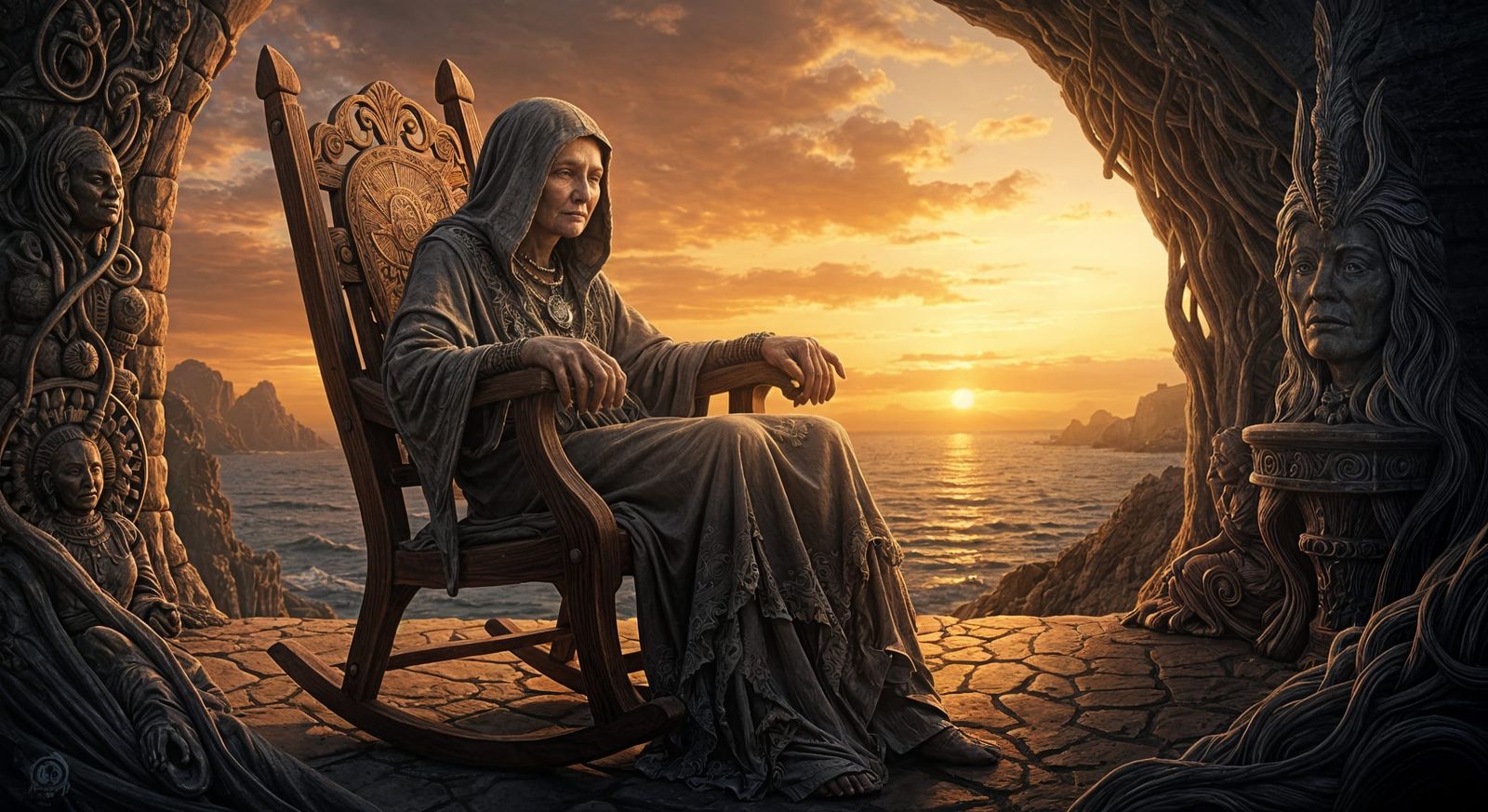 Crone in her rocking chair at sunset