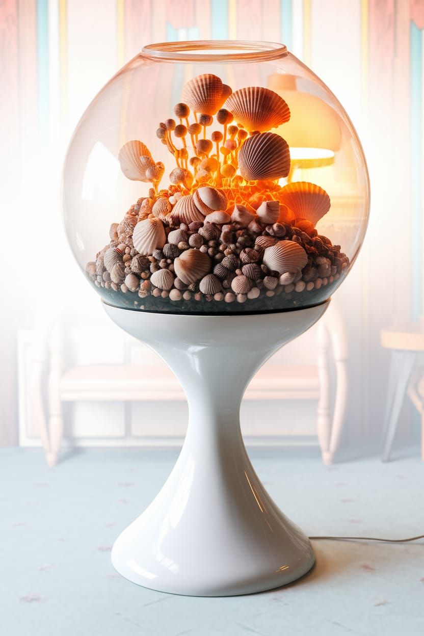 Retro Seashell Terrarium in 70s Living Room