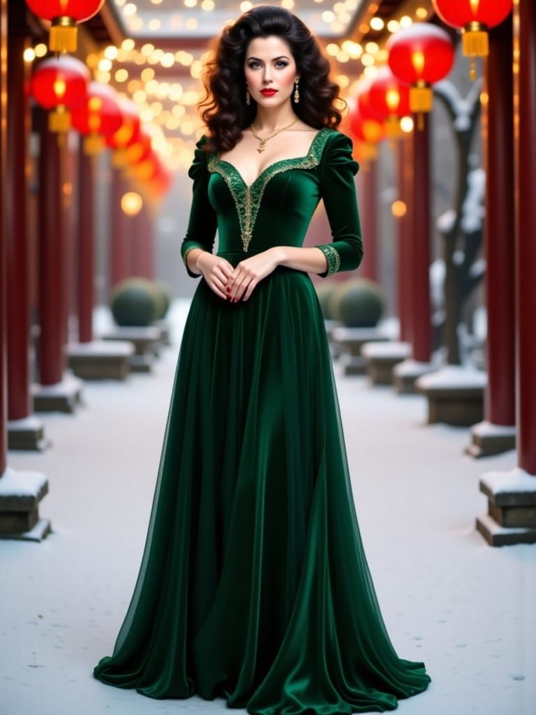 Gothic Portrait of Sauvanne in Snowy Chinese Garden at Sunse...