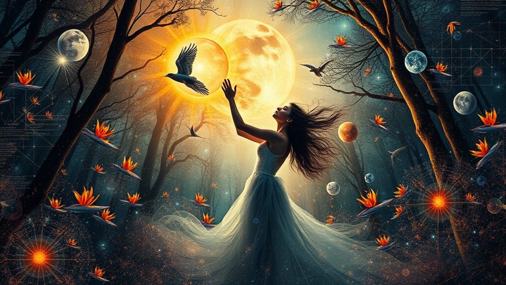 Surreal Cosmic Goddess Embracing Celestial Harmony in Nature