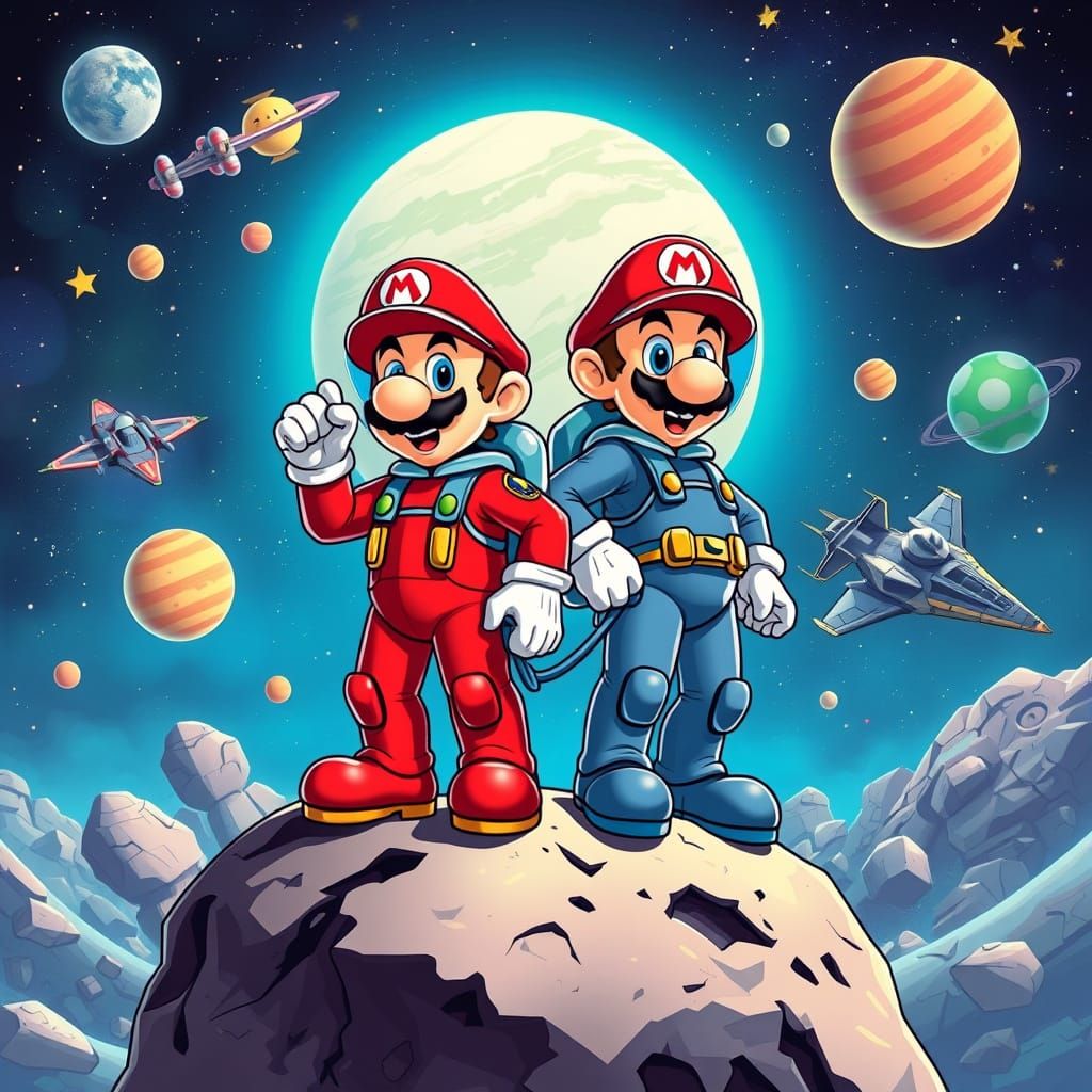 Heroic Space Explorers in Vibrant Futuristic Landscape