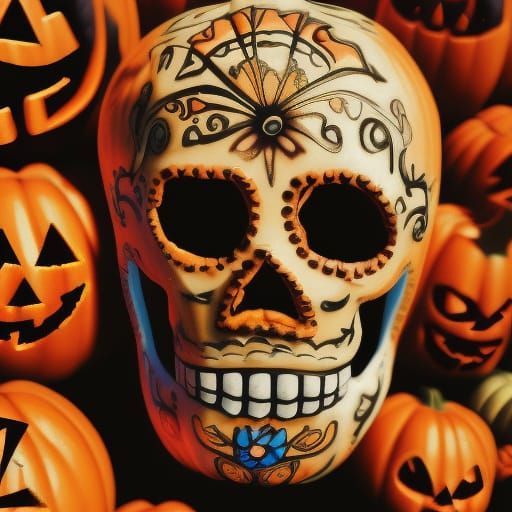 Sugar skull faced jack o lanterns Hyperrealistic, splash art...