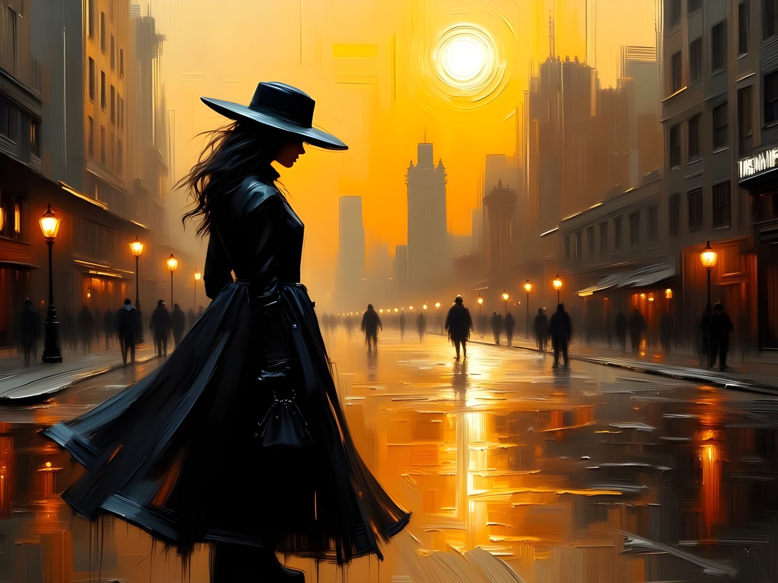 Woman in Flowing Coat, Rainy Chicago Cityscape, Art Deco Imp...