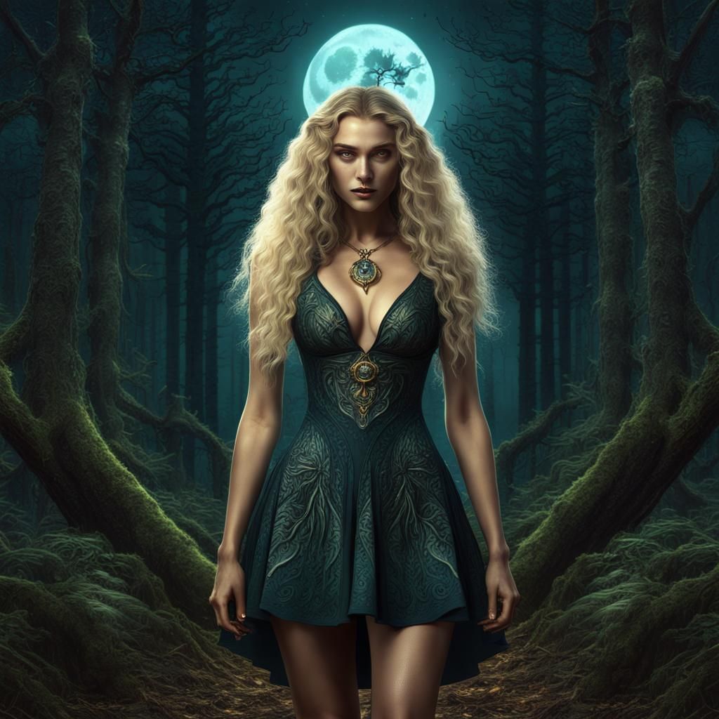 Nature Witch Under the Moon: Detailed Matte Painting