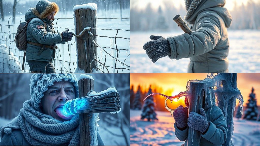 Frozen Fence Pole in Amused Struggle with Winter Dressed Hum...