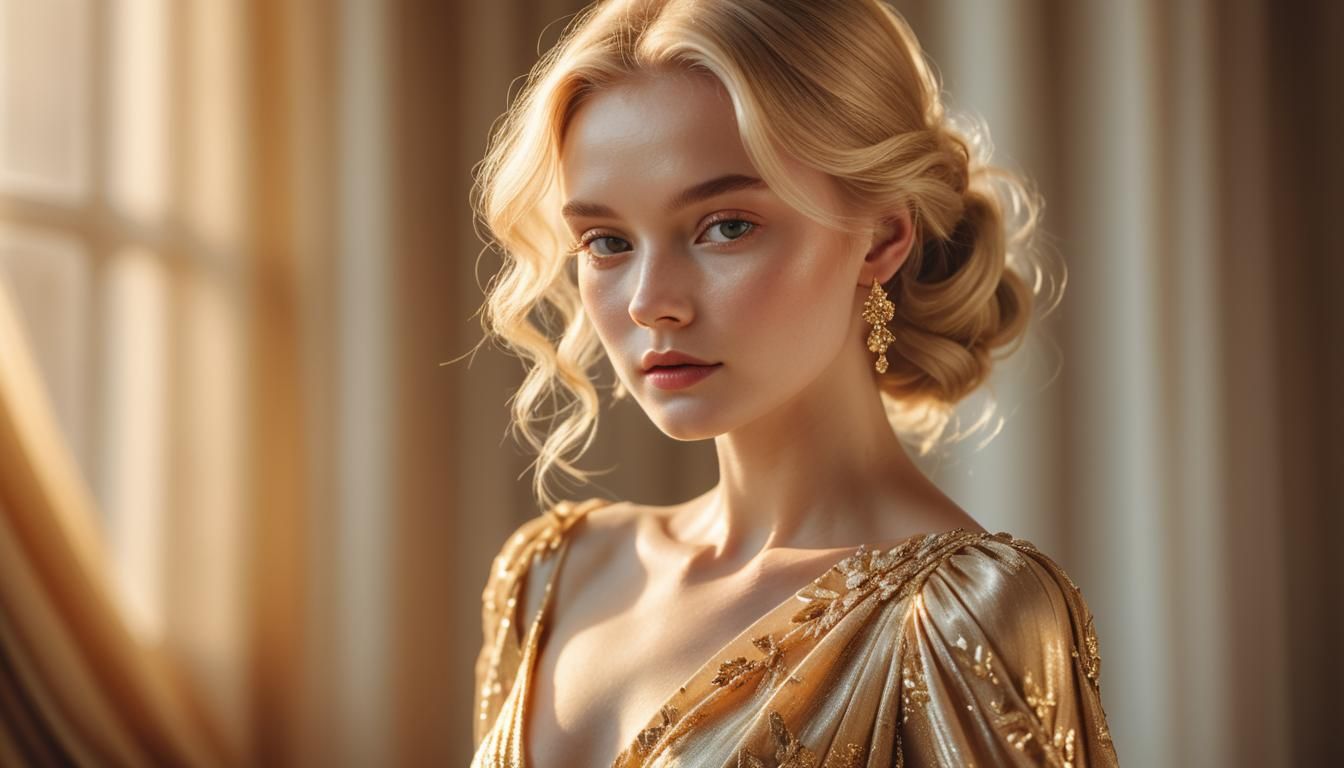 Elegant Blonde in Golden Gown Portrait