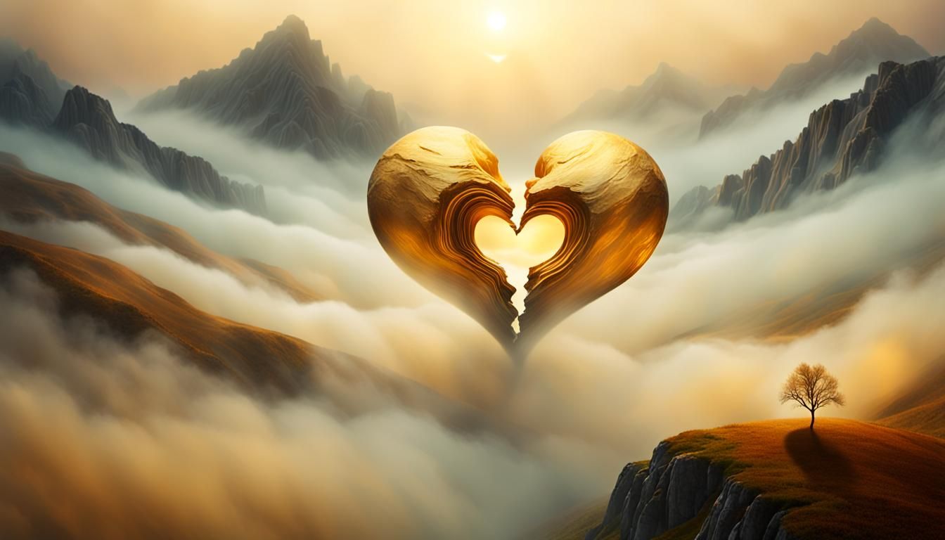 Surreal Hearts in Dreamy Landscape, Golden Era Style