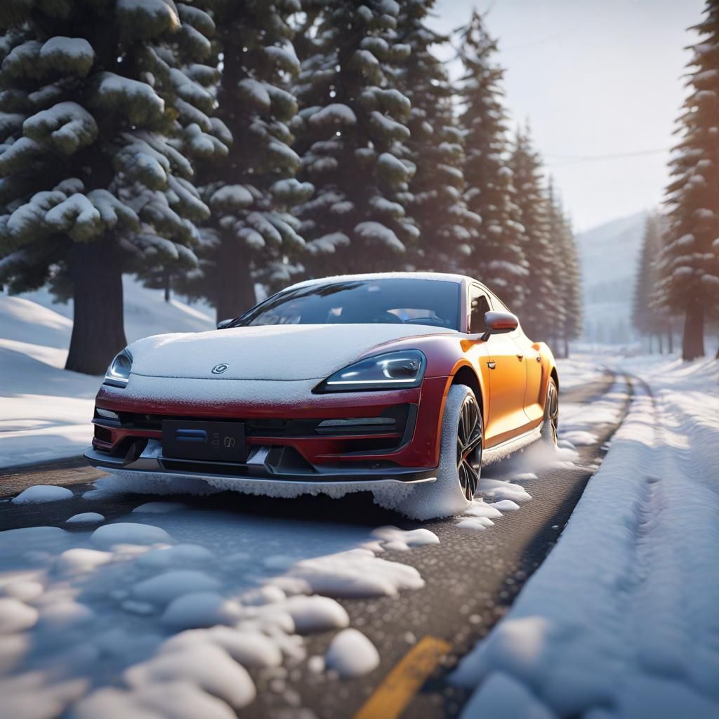Photorealistic Car on Snowy Road in Unreal Engine