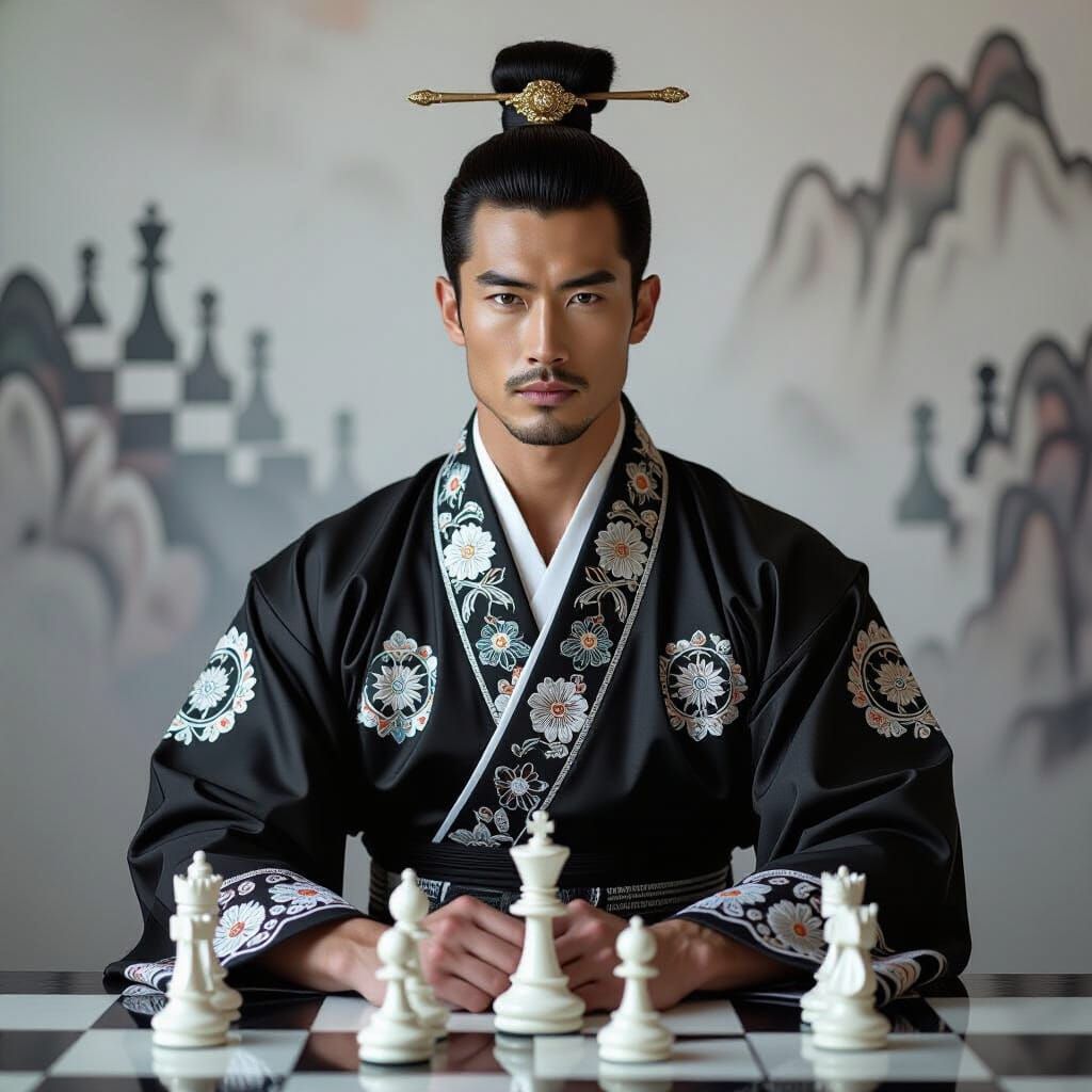 Serene Asian Man in Traditional Dress with Chess Game