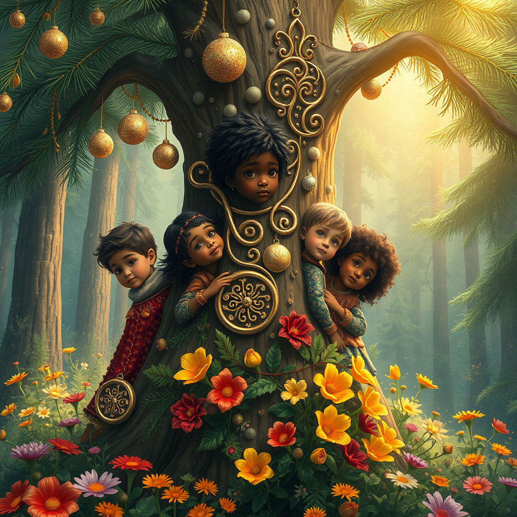 Children Decorate a Fir Tree in Whimsical Forest