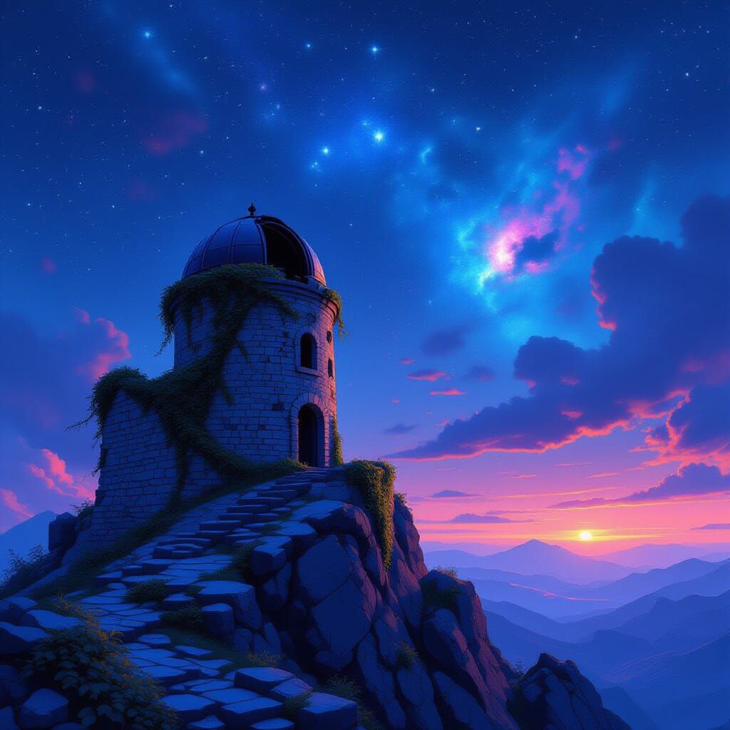Desolate Mountain Observatory Under Starry Sky