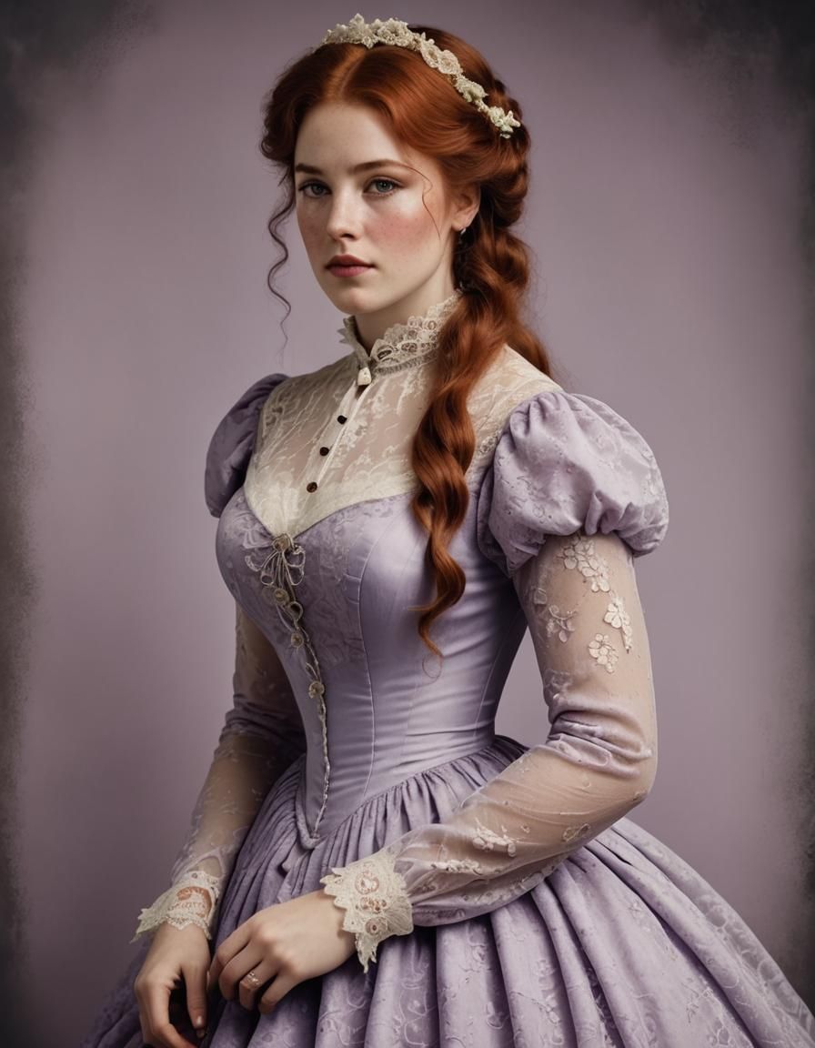 Victorian Woman with Auburn Hair in Lace Dress