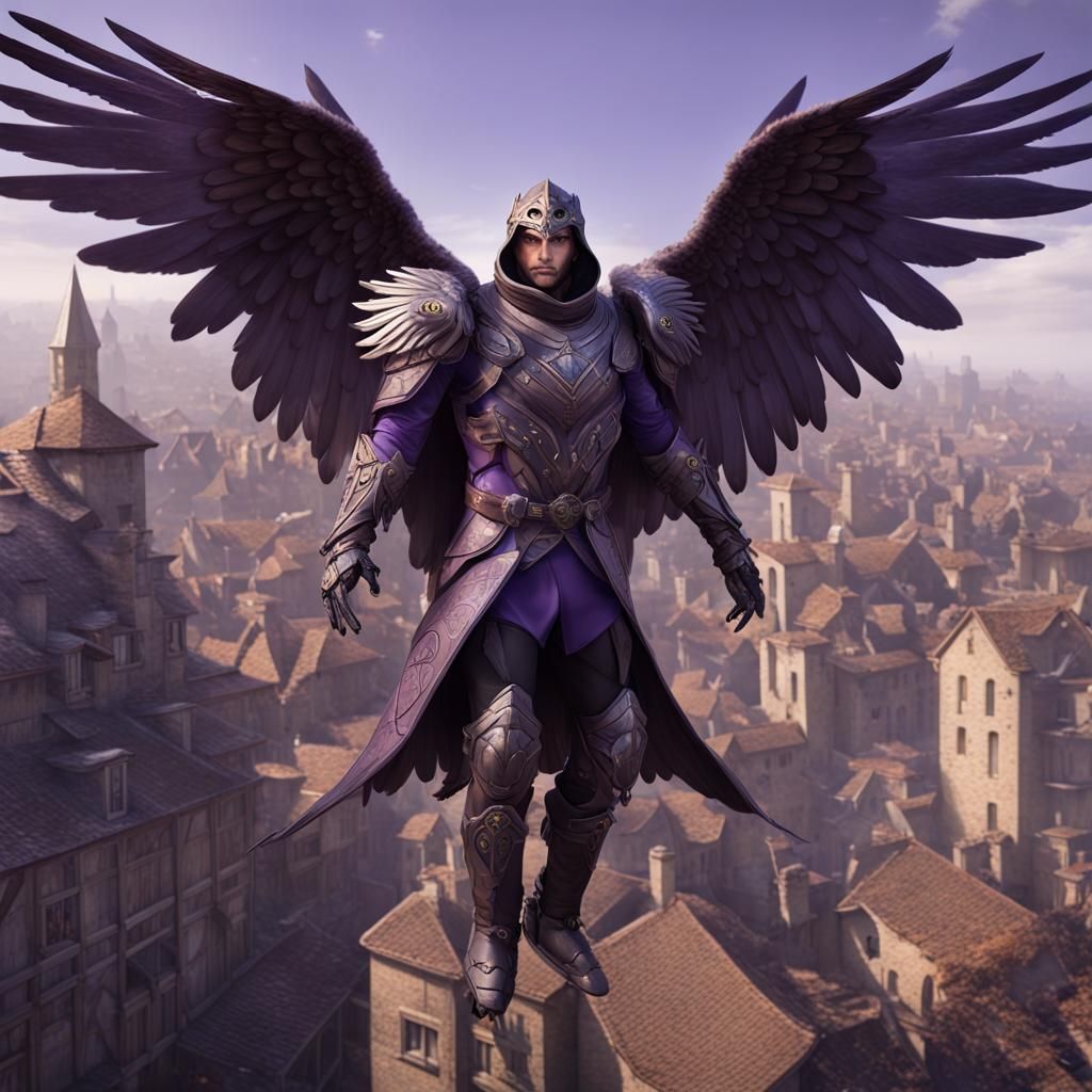 Purple Falcon Humanoid in Medieval Town, Dark Fantasy