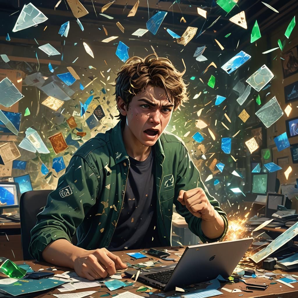 Teen Gamer's Frustration in Fantasy Art Style