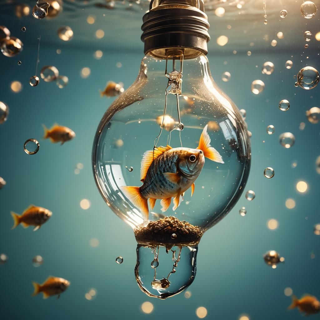 Surreal Fish Swimming in Lit Light Bulb
