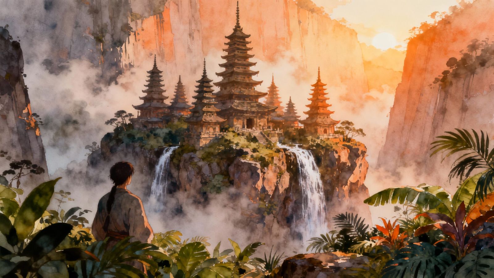 Misty Pagoda Landscape in Hayao Miyazaki Watercolor Style