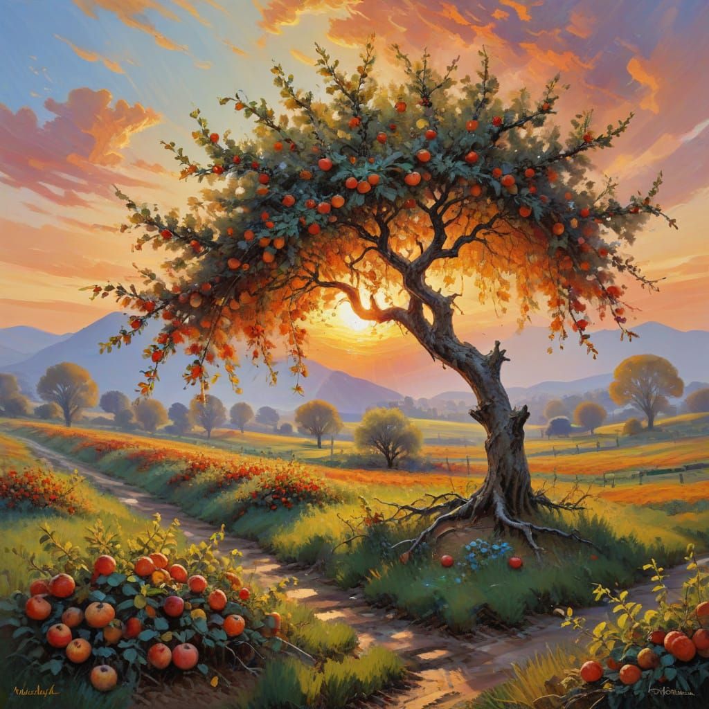 Vibrant Autumnal Apple Tree in Warm Golden Light