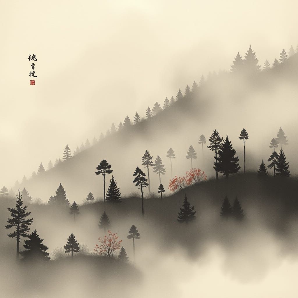 Ethereal Foggy Autumn Mountain Forest in Ink Wash Style