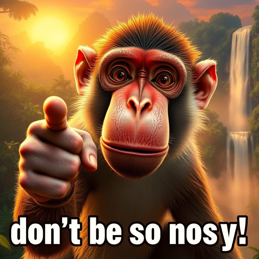 A proboscis monkey pointing his finger and the caption says "don't be so nosy" with a surprised and funny face, and a re...