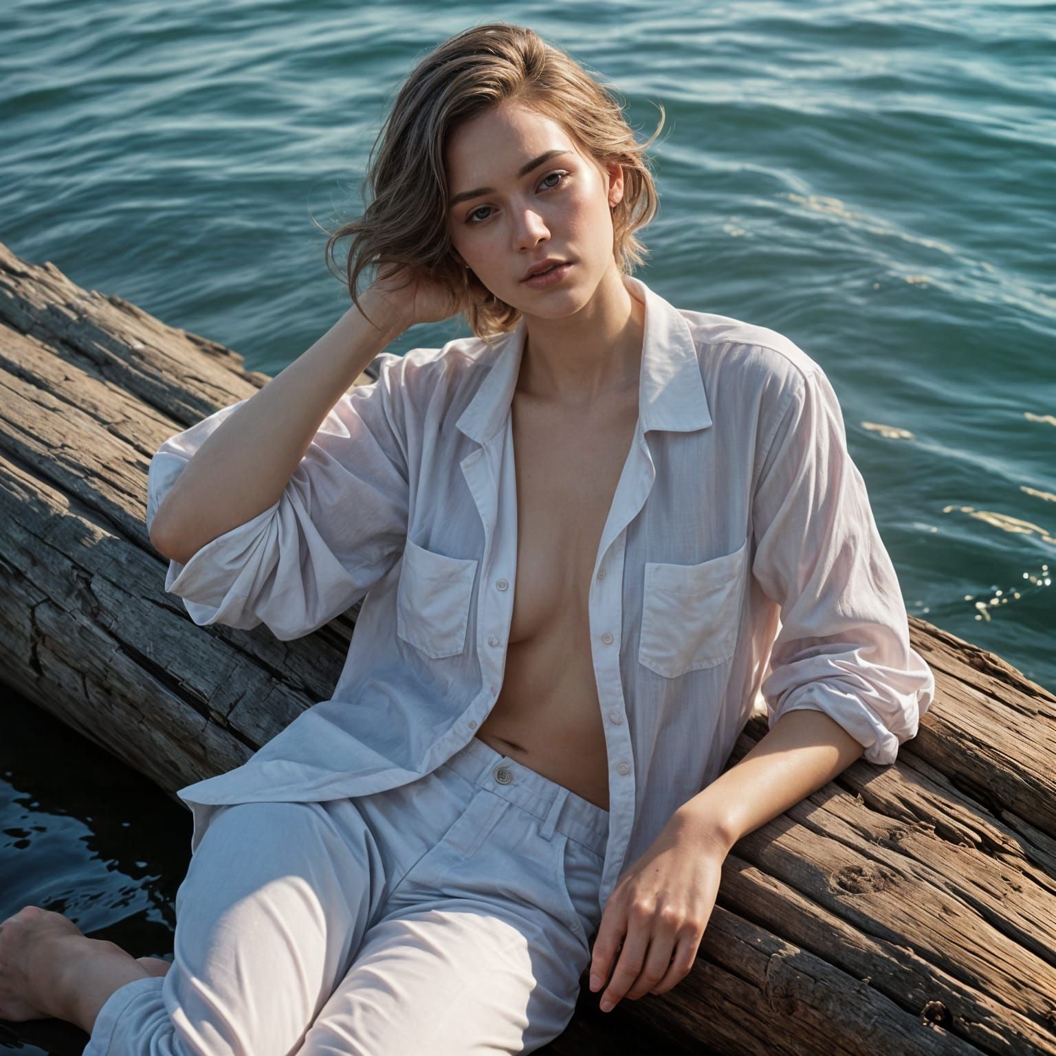 Hyperrealistic Portrait of a Woman on a Wooden Log in a Calm...