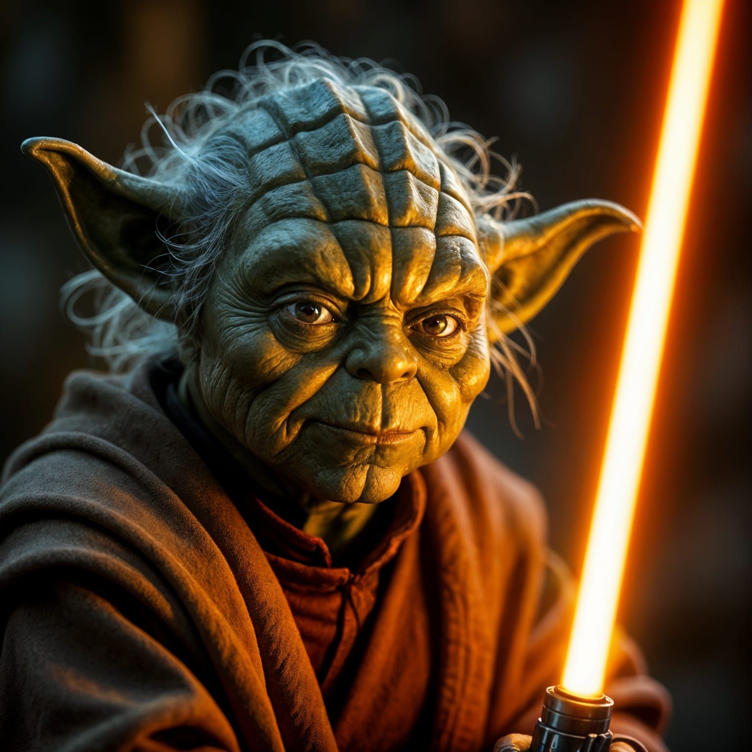 Yoda Illuminated by Orange Lightsaber: Macro Photorealistic ...