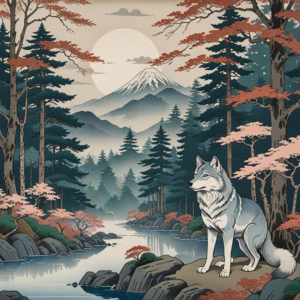 Serene Japanese Wolf in a Tranquil Forest Landscape
