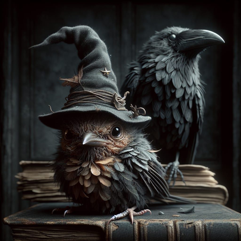 Wizard Robin and Crow in Dimly Lit Study