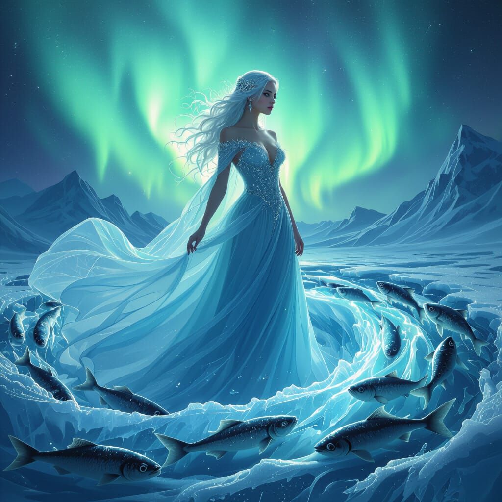 Water and Ice Goddess with Frozen Fish and Aurora