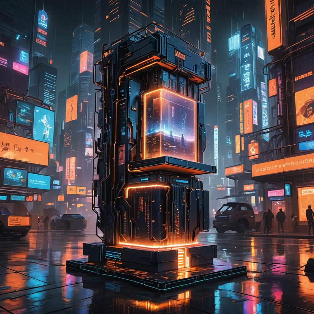 Cyberpunk Book Pedestal in Dystopian Cityscape