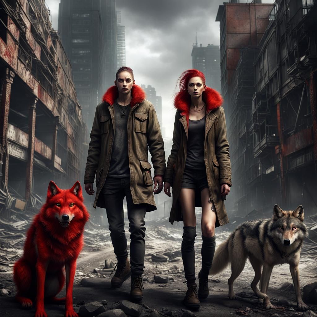 A RUGGED MAN AND A BEAUTIFUL WOMAN ,WOLF, RED...