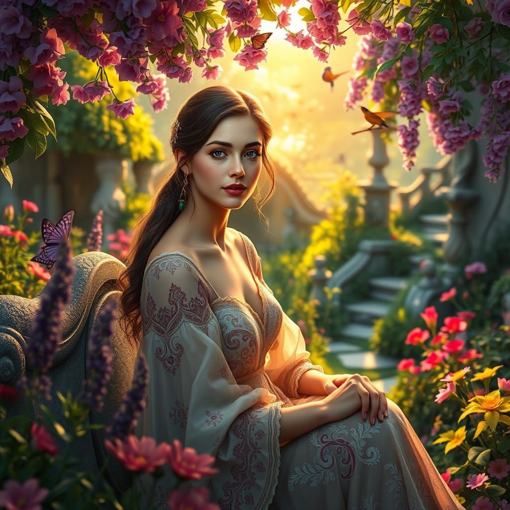 Whimsical Garden Scene in Art Nouveau Style