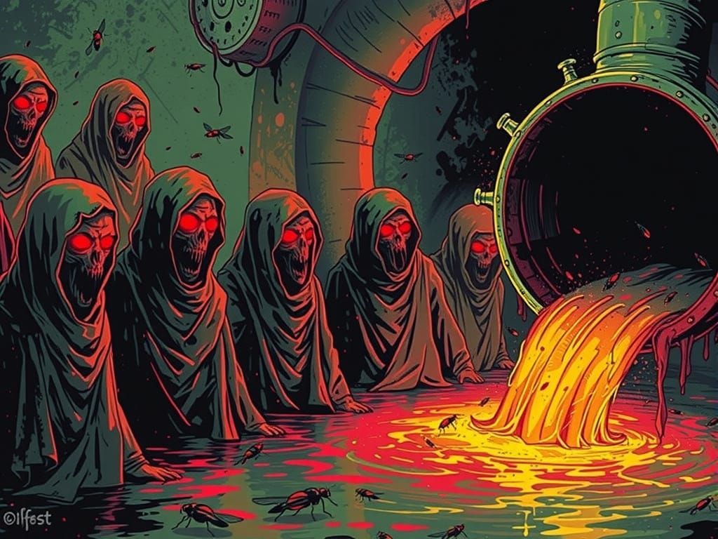 Gothic Medieval Scene of Polluted Pipe Pouring Waste on Muta...